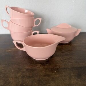 Vintage Miramar Melmac Pink Melamine Creamer Sugar Bowl & 4 Cups MCM Set